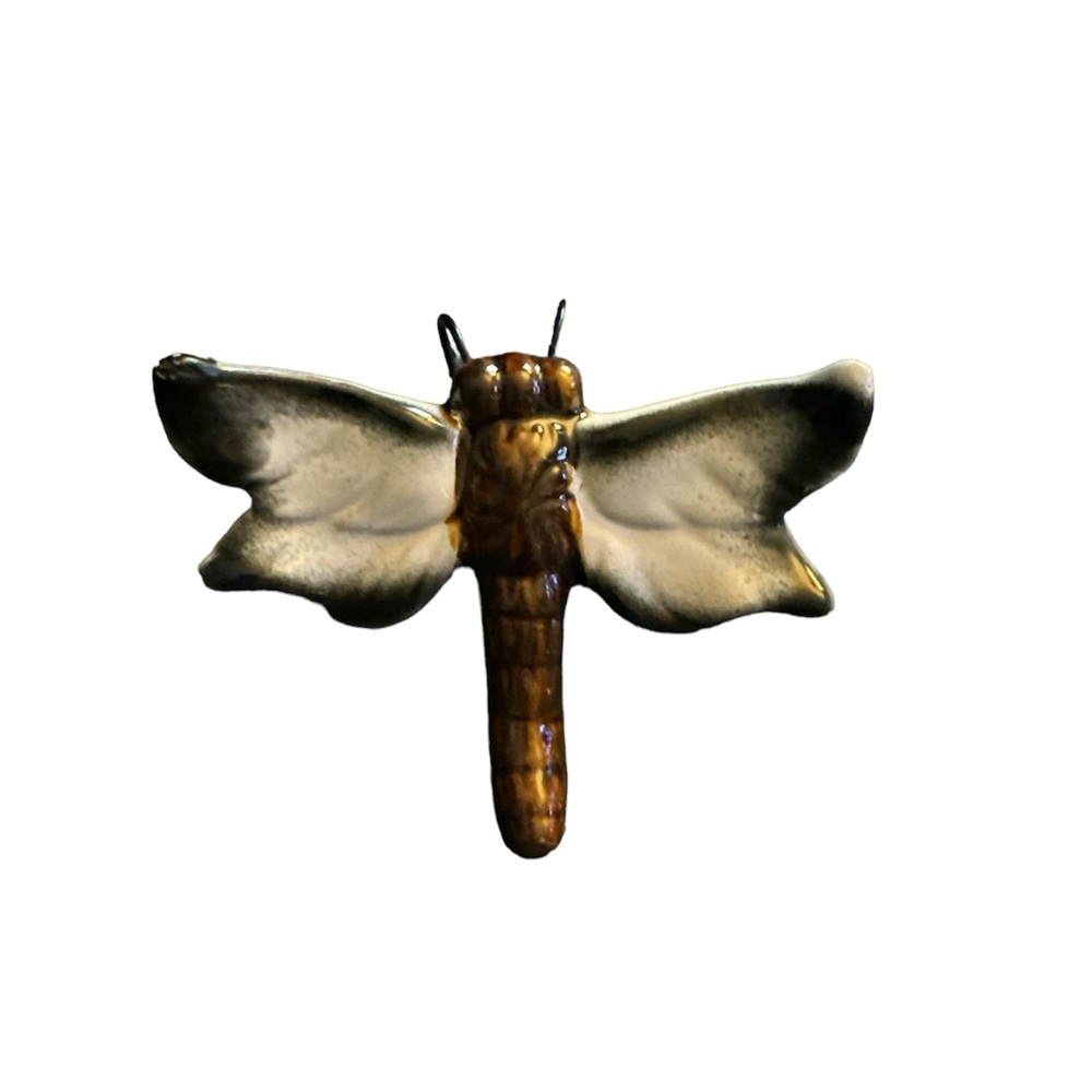 Ceramic Dragonfly with metal hangers. Black, white & brown. 4×4.5